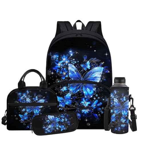 Aesthetic Butterfly Backpack for Girls Kids Backpack with Lunch Box Water Bottle Holder and Big Pencil Case 4Pcs Set 17