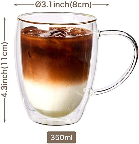 Baskety Glass Coffee Mugs - 350ml Double Walled Insulated Mug with Handle, Perfect for Latte, Americano, Cappuccinos, Tea Bag, Beverage. (Pack of 2) 4
