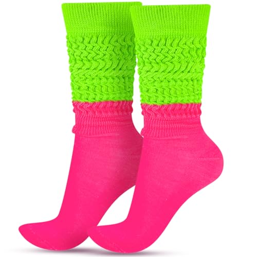 Geyoga Neon Slouch Socks,80s 90s Neon Women's Leg Warmers Extra Long Slouch Socks Soft Scrunch Knee High for Party(Rose,Neon Green)