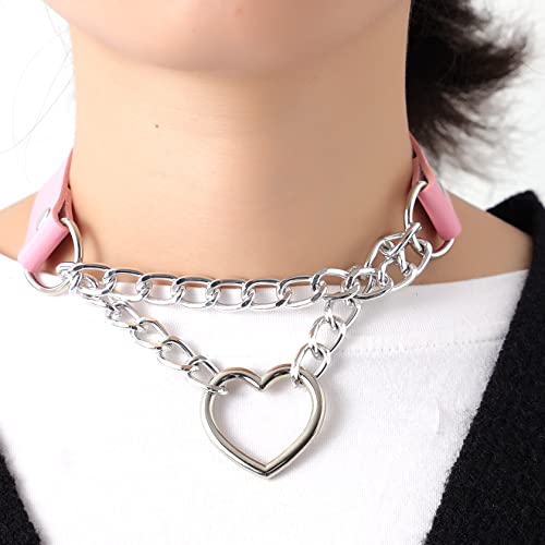 JJDreams Punk Halsband Gothic PU Leder Halsreif mit Kette Herz Anhänger elegant Choker Kragen schwarz Damen