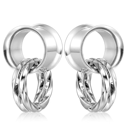 LADEMAYH Street-Chic Ear Plugs Tunnels Gauges, Stylish Two Stacked Rings Design, Hypoallergenic 316L Stainless Steel Gauge Earrings, Fashion Ear Piercing Jewelry for Women & Mens(Silver,10mm=00g)