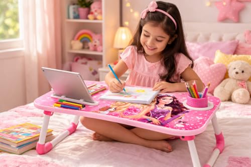 Image of Printed Wooden Study Desk for Kids, Foldable & Portable Laptop Table for Bed, Large Kids Activity Table with Non-Slip Legs, Multipurpose Breakfast Tray & Picnic Table (60x40x26 cm) (Barbie)