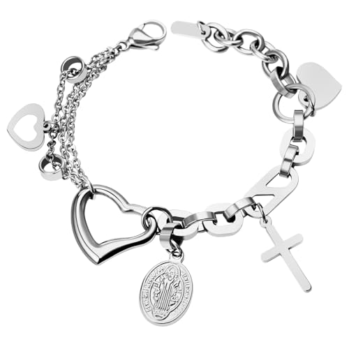 Flongo Bracelet Femme Acier Inoxydable: Bracelet Pendentif Croix Fantaisie avec Coeur Médaille Motif Religieux La Vierge Marie Or/Argent - Cadeaux Noël...