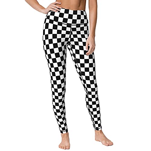 Ykklima Women High Waisted Leggings Black White Race Checkered Flag Pattern Yoga Pants Tummy Control for Running Sports
