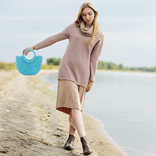 Qtkj Mini Semi-Circle Rattan Straw Handbags, Hand-Woven Women Summer Retro Straw Tote Bag Shoulder Bag Crossbody Bag Round Handle Beach Handbags (Blue) #TOP6