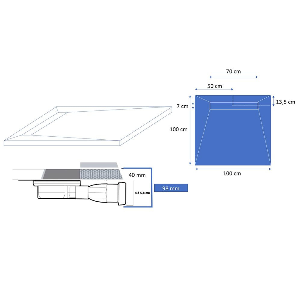 Receveur de douche à carreler caniveau 4 pentes + natte étanche + siphon ultra plat - 100 x 100 cm
