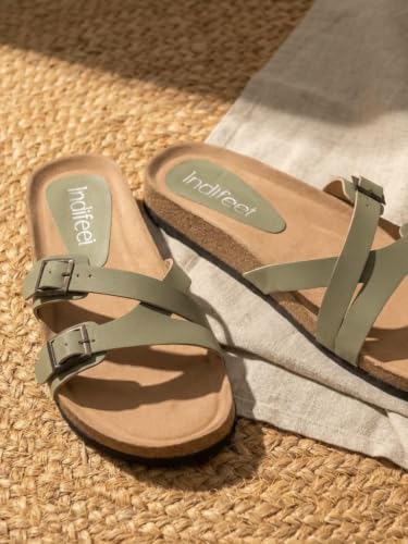 Image of Indifeet Daily Use Stylish Buckle Casual Cork Sandals for Women | Comfortable Arch Support Slippers with Adjustable Double Straps, Daily Use Flats, Light Weight Slides, Office, Outdoors, Home