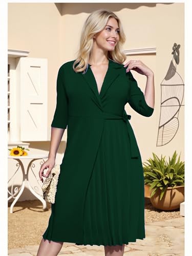Image of Hostoyo Women's Plus Size Pleated Midi Dress Comfortable Suit Collar 3 /4 Sleeve Belted Casual Formal Work Church
