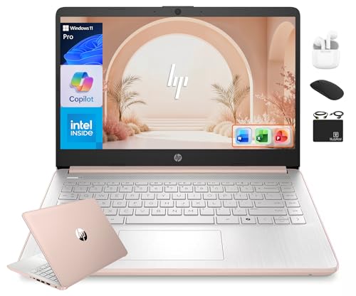 HP 14” Flagship Laptop 2025 AI-Powered Computer, Office Lifetime, Student Business, 4-Core Intel CPU, 16GB RAM 628GB Storage (128GB UFS+ 500GB Ext), Long Battery HubxcelAccessory Win 11 Pro Rose Gold
