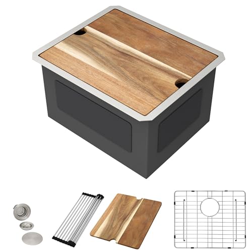Image of 21 inchx18 inch Undermount Laundry Utility Sink Workstation - 16 Gauge T304 Stainless Steel, 12 Inch Deep Single Bowl Under Counter Basin for Laundry Room, RV or Utility Use
