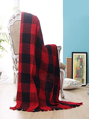 Buffalo Plaid Cotton Throw Blanket with Fringes 50x60 Inch- Red Black,Cotton Throw for Sofa, Farmhouse Throw,Throw for Couch,Everyday Use,Well Crafted for Durabilty,All Season Blanket