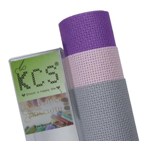 Image of KCS 3 pc of 15 inch x 18 inch(38cmx45cm) 14 Count Cross Stitch Cotton Aida Cloth Needlework Rolled Fabric Box,14CT,Light Grey+Pink+Lavender