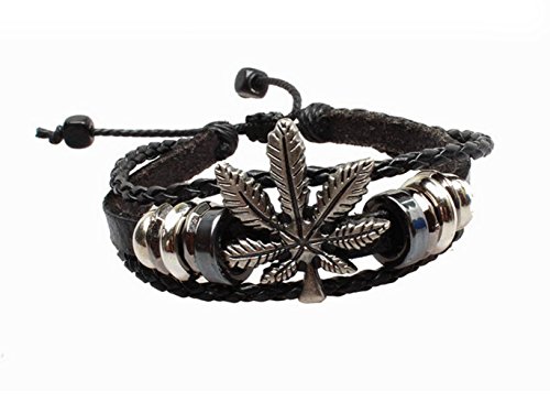 Preisvergleich Produktbild Gudeke Punk Cannabis Marihuana Weed Blatt Leder geflochtenen Seil Armband Resizable