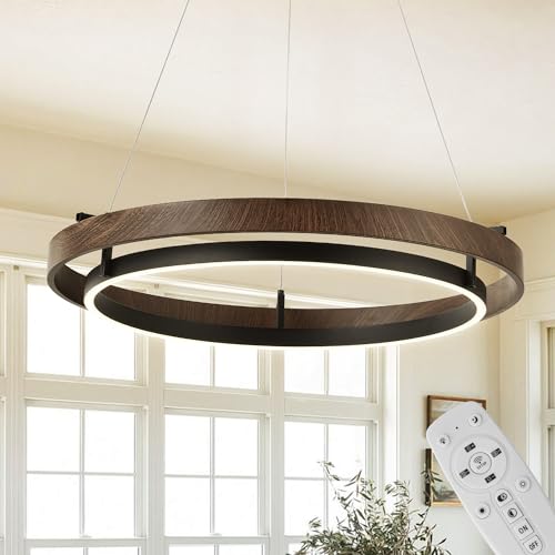 KARTOOSH Modern LED Chandelier with Remote, Dimmable Ring Pendant Light Walnut Wood Black Circular...