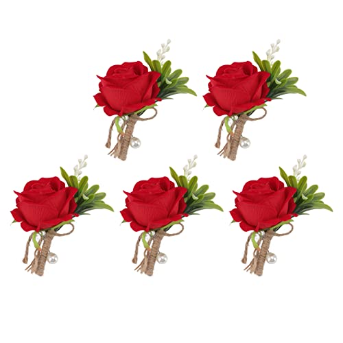 Wedding Corsage Rose, 5PCS Wedding Boutonniere Pin Fixed Plastic Artificial Flower Corsage for and Groom(Red) - Image 4