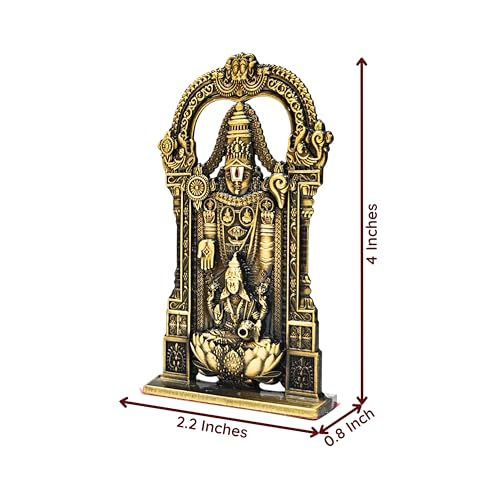 Image of anciently Tirupati Balaji Idol with Lakshmi for Car Dashboard | Venkateswara Idol with Lakshmi for Car Dashboard, Metal, 1 Piece (Brass Colour)