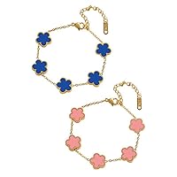 KHDULQ 2 Pièces Bracelet Femme,Bracelet Trèfle a Quatre Feuilles7,48 + 1,96 In,Bracelet Personnalisé 18K Or Bracelet Porte Bonheur,Cadeau Saint Valentin Femme Bijoux Acier Inoxydable (rose, bleu)