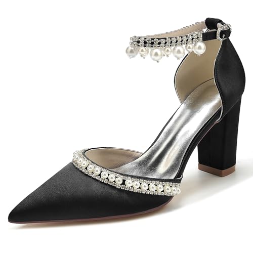 Escarpins Sexy à Talons Blocs Épais en Satin Noir Style Haute Couture