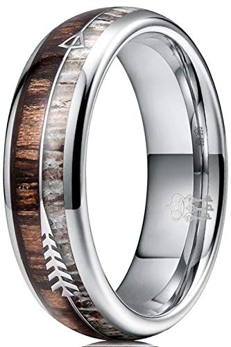 THREE KEYS JEWELRY 6mm Silver Tungsten Wedding Ring with Real Antler Zebra Wood Two Arrows Inlay Dome Hunting Ring Wedding Band Engagement Ring Size 9
