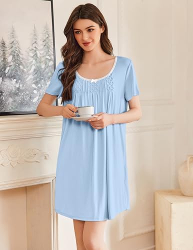 Image of Ekouaer Nightgowns for Women Pleated Sleep Shirts Short Sleeve Night Shirts Lace Trim Night Gown Ladies Sleep Dress