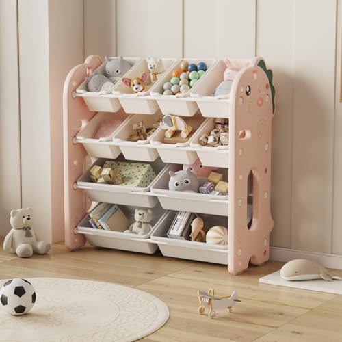 Image of oddpod Dino Baby hardlines Toy Organizer Storage Racks with Bins, Cute Cartoon Montessori Plastic Bookshelf for Children & Bedroom Shelf for Toys, Books, Clothes & Games - Pink (8+4 Bins)