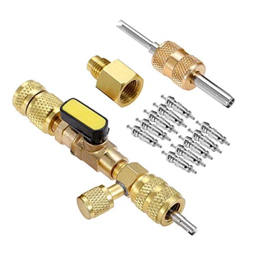 R410A R22 - Herramienta de instalación de extracción de núcleo de válvula con Puerto SAE de Doble tamaño 1/4 y 5/16 para Sistema HVAC R404A R407C R134A R12 R32, con 10 núcleos de válvula 5v1 y