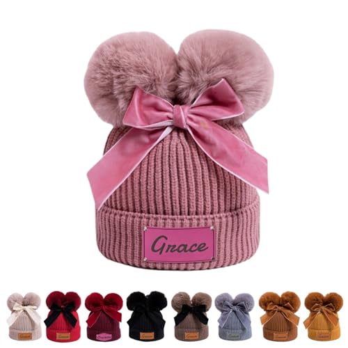 Personalized Toddler Beanie Hat with Bow - Custom Winter Pom Pom Beanies - Leater Patch Baby Warm Knit Hats Pink