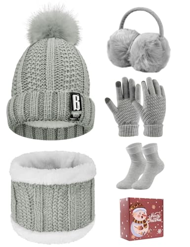 Tuopuda Conjunto Bufanda Gorro y Guantes Mujer Set 5PCS Gorro de Punto Guantes Táctil Orejeras y Calcetines Cuello de Bufanda Invierno Mujer para Esquí, Gris con caja de regalo