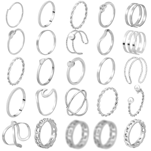 ONESING 25 Pcs Knuckle Rings for Women Stackable Rings Set Vintage Joint Rings Carved Flowers Silver