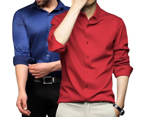 Image of DEELMO Combo of Men's Stylish Solid Satin Casual Shirt for Men Full Sleeves| Poly Satin Silk Shirt Pack of 2