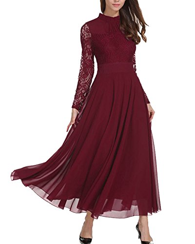 Aox Women Elegant Long Sleeve Floral Chiffon Lace A Line Long Maxi Party Evening Bridesmaid Swing Dress (X-Large, Red Wine)