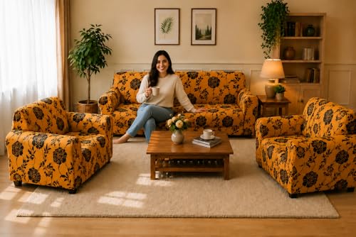 Image of Gifts Island Sofa Cover 3 Seater and 2 Seater Fully Covered Universal 5 Seater Sofa Cover Non-Slip Sticky Elastic Stretchable Sofa Set Slipcover Protector for (3+1+1 Seater) (Gold Black Floral)