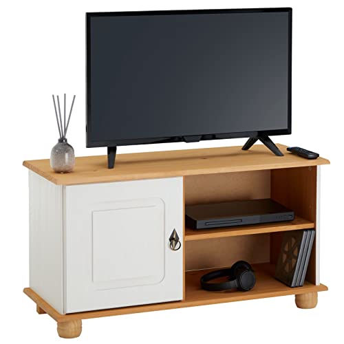 IDIMEX Meuble TV Belfort Banc télé de 94 cm en Bois avec 1 Porte et 2 niches, en pin Massif lasuré Blanc et Brun