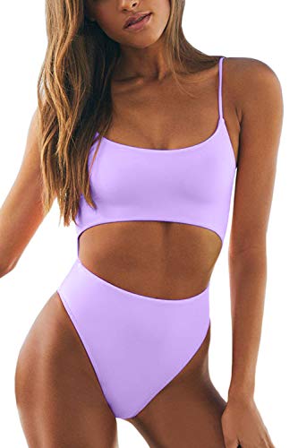 Meyeeka Womens Scoop Neck Cut Out Front Lace Up Back High Cut Monokini One Piece Swimsuit (L, Purple)