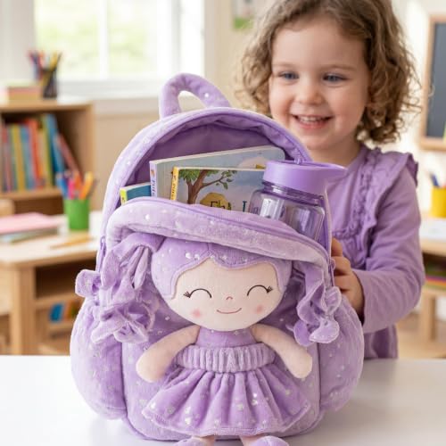 Image of Gloveleya Toddler Backpacks Baby Girl Gifts Curly Hair Plush Figures Dress Backpack - Silver Heart Accents in Soft Purple 11''