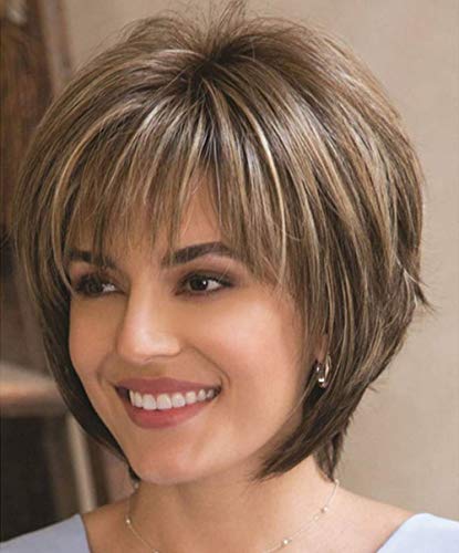 SENHORAS Short Brown Wavy Wigs with Bangs for Women Mixed Blonde Wig with Highlights Good Looking Natural Real Synthetic Wig Hair