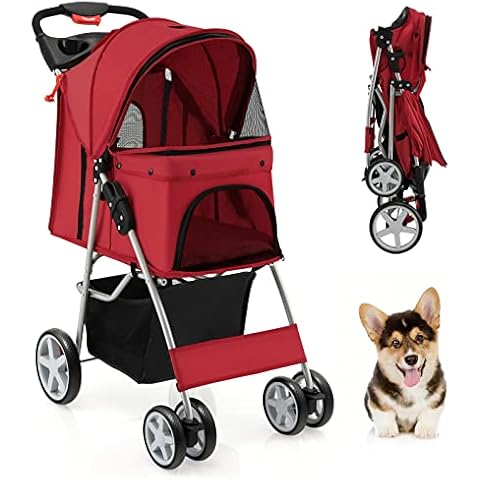 GYMAX Folding Pet Stroller with Cup Holder Cover