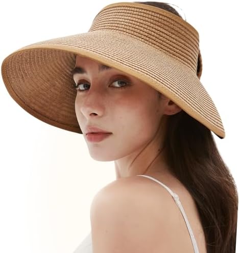 Women&#39;s Sun Visor Hats Wide Brim Straw Beach Hat Ponytail Hats for Women Foldable Floppy