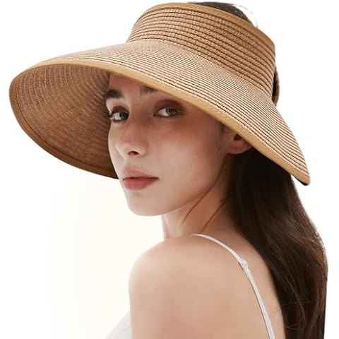 Women's Sun Visor Hats Wide Brim Straw Beach Hat Ponytail Hats for Women Foldable Floppy Cover