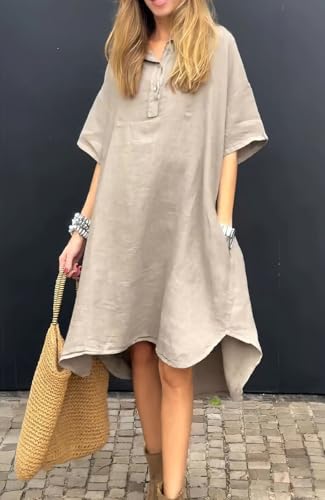 Image of chouyatou Women's Summer Casual Linen Beach Tunic Dress Loose High Low Midi Long Polo T Shirt Dress