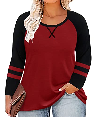 Image of CARCOS Plus Size Tops for Women Long Sleeve Fall Tunic Color Block Camo /Plaid /Leopard /Fall Blouse Crewneck Tshirt XL-5XL