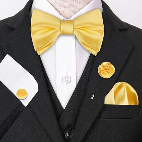 Image of Alizeal Mens 4pcs Formal Solid Bow Tie Set | Pre-tied Pocket Square Cufflinks Boutonniere for Wedding Everyday Use