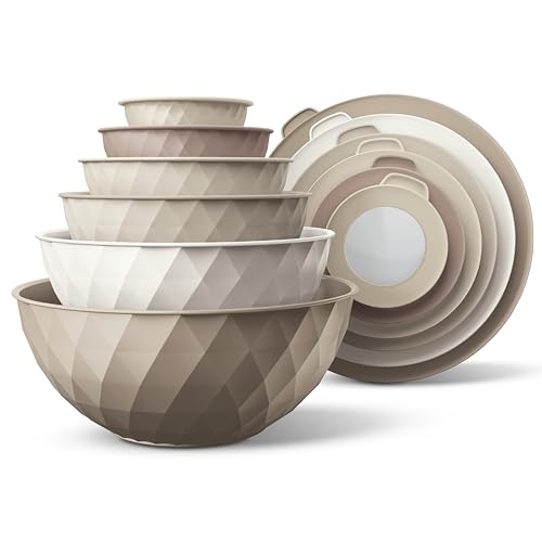 COOK WITH COLOR Mixing Bowls with Lids - 12 Piece Plastic Nesting Bowls Set includes 6 Prep Bowls and 6 Lids, Microwave Safe Mixing Bowl Set, Brown Diamond