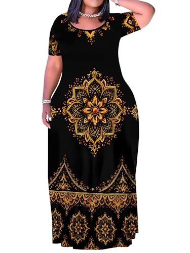 Image of PinkPatty Plus Size Maxi Dress for Curvy Women Crew Neck Long Sleeves Casual Dress Vacation Sundresses with Pockets