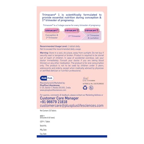 Image of TRIMACARE 1 Advance |1st Trimester | Pregnancy Multivitamin with Folic Acid, DHA & Iron | New Formula with Choline | 20+ essential nutrients | (Pack of 2) | 30 X 2 |