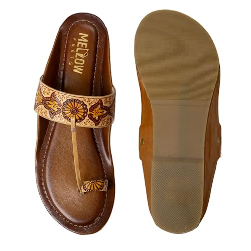 Image of Women's Leather Kolhapuri Chappals - Handmade Ethnic Flats Sandals with Durable TPR Non-Slip Sole