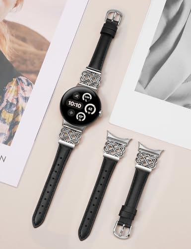 Image of TOYOUTHS Slim Leather Band Compatible with Google Pixel Watch 4 3 41mm /Pixel Watch 2 1 Band Women, Celtic Metal Dressy Thin Fashion Designer Premium Leather Strap for Google 4 3 2 1 Smartwatch