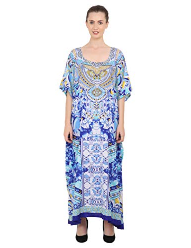 Miss Lavish Longue Caftan pour Femme Été Robe Vêtements de Nuit Élégant et Glamour Kimono-Taille Unique, 133 - Bleu - Cadeaux de Vacances Cover