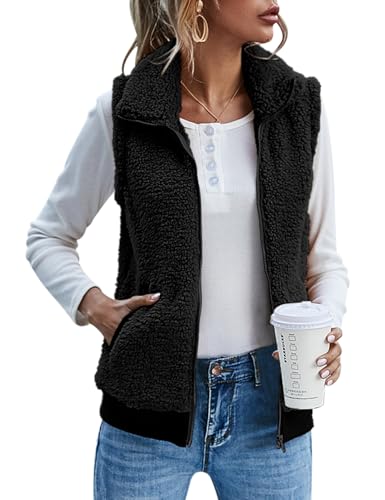 IECCP Damen Mantel Herbst Casual Leicht Ärmellos Weste Damen Lang Elegant Mode Kunstfell Weste Mit Taschen(Schwarz,L)