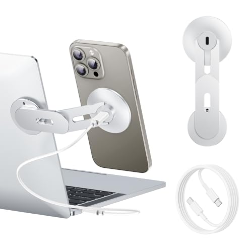 MAGDIGITEH Laptop Phone Holder, Magnetic Phone Stand 15W Fast Wireless Charger for MagSafe for iPhone 16/15/14/13/12 & All Phones for Tesla, 180°Adjustable Computer Monitor Side Stand (Silver)
